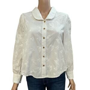 Simple Retro Floral Embroidered Top Medium Button Peter Pan Collar Cottagecore